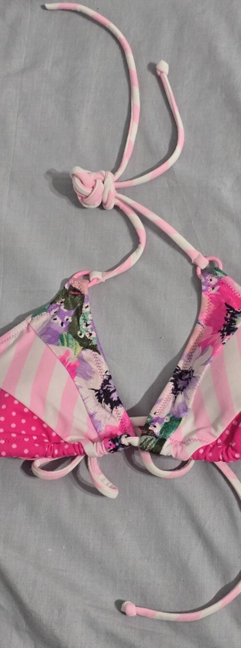 VTG Victoria's Secret Beach Sexy Patchwork Bikini Top Pink Polka Dot Stripe XS
